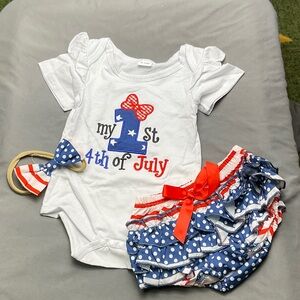 White 'My 1st 4th of July' Baby Bodysuit & Blue Polka Dot Ruffle Bloomers Set